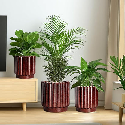 Ceramicfor Ceramic Plant Pot, 7.6 Inch, Red | Indoor Planter, Drainage Hole, Fluted Design, Round Shape, Outdoor/Patio Use