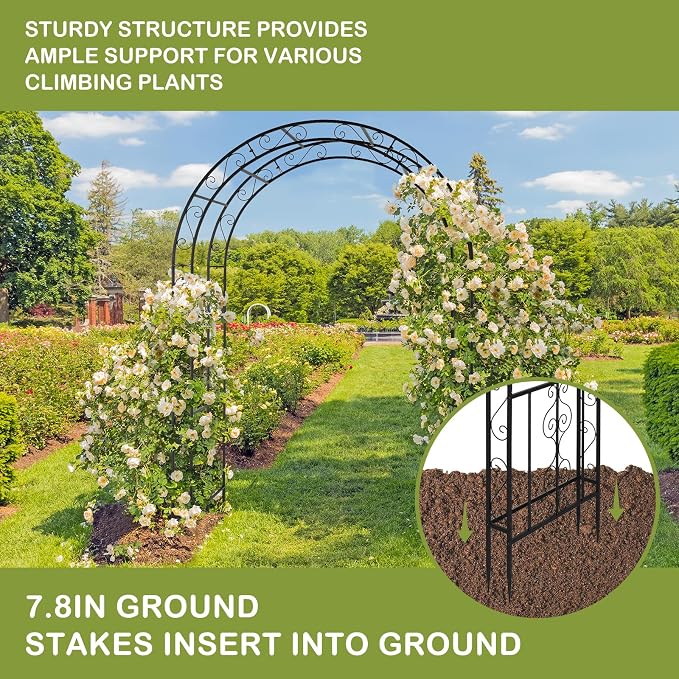 Outvita 7FT Metal Garden Arch Arbor, Black Trellis Frame | Heavy duty metal arbour with 7 in ground stakes; for roses, vines, lawn, patio, wedding & party decor