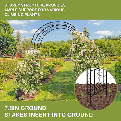 Outvita 7FT Black Metal Garden Arch Arbor with Gate | Heavy duty trellis archway with ground stakes, for climbing roses, patio, wedding & party decor
