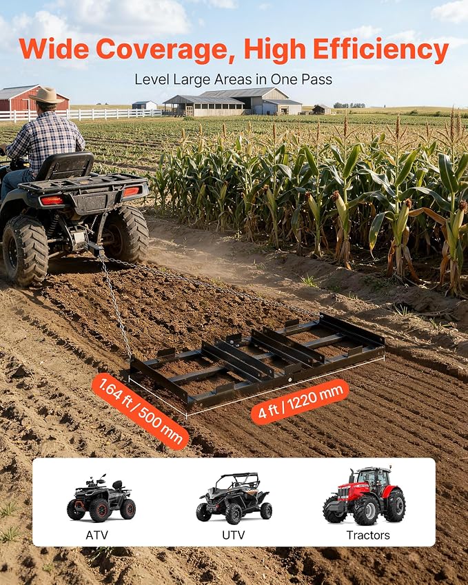 VEVOR Drag Harrow, 48 x 20 in, Tow-Behind Driveway Grader with Adjustable Width & 50lbs Load Capacity, Heavy Duty Lawn Leveling Rake, Galvanized Steel Gravel Driveway Drag, Fits ATVs UTVs Tractors