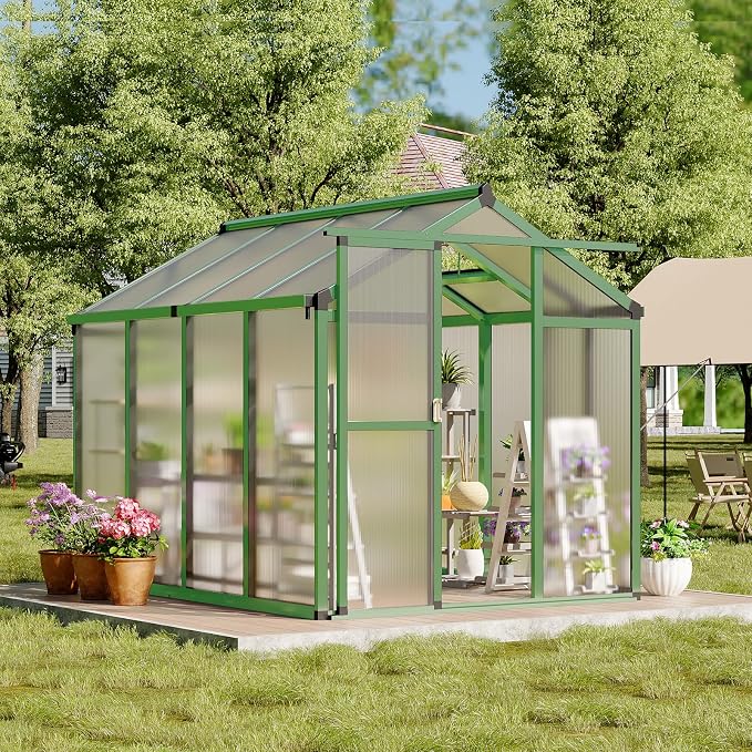 Garvee 6 X 8 Ft Greenhouse, Greenhouses for Outside, Polycarbonate Greenhouse with Aluminum Frame, Lockable Door and Ajustable Roof Vent for Backyard, Green Houses for Outside Garden Backyard, Patio