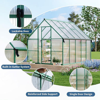 GarveeLife 8X10FT Polycarbonate Greenhouse with Aluminum Frame, Polycarbonate Greenhouse for Outdoors, Greenhouses with Ventilation and Rain Gutter, Aluminum Large Walk-in Greenhouses for Outside
