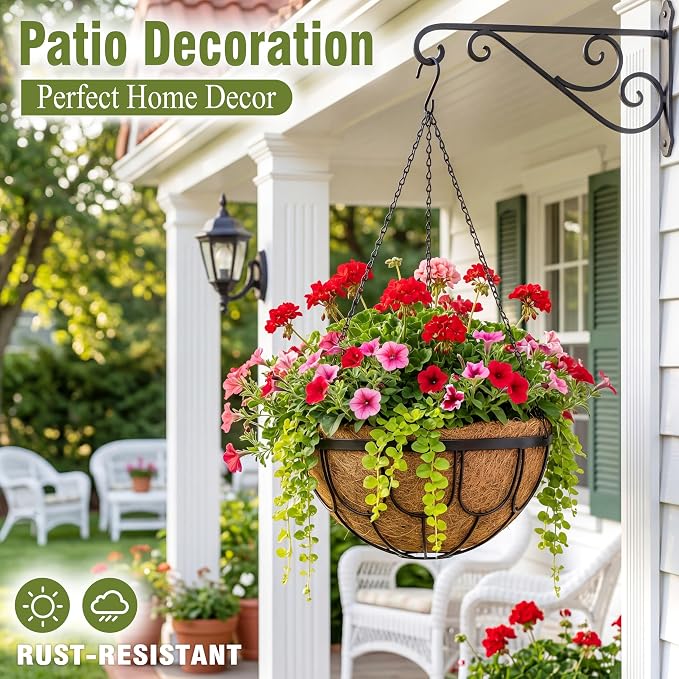 4 Pack 12 Inch Hanging Planters for Outdoor Plants, Large Metal Wire Hanging Flower Baskets with Coco Coir Liner, Black Hanging Plant Pots for Garden, Patio, Balcony & Indoor Home Decor