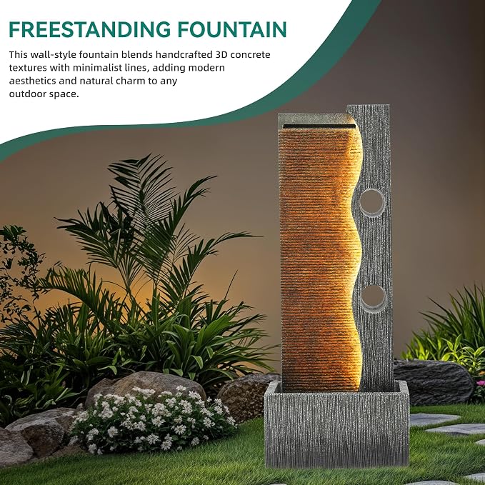 39.4" Zen Faux Slate Outdoor Water Fountain LED Cascading Waterfall | Polyresin Stone faux slate texture, patio backyard garden, Deck or Porch, Housewarming Gift