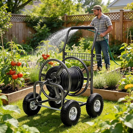Hose Reel Cart, Holds 250 ft of 5/8" Hose, Heavy Duty Industrial Garden Water Hose Reel with 4 Wheels, Storage Basket, Powder-Coated Steel Frame for Lawn, Yard, Garden, Outdoor