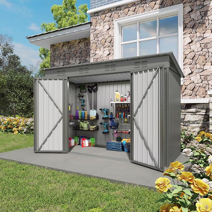 Outdoor Metal Storage Shed, Galvanized Steel Garden Shed with Sloped Roof & Vents, Waterproof Rust-Resistant Backyard Tool Shed for Patio Lawn Garden Trash Can Storage, Easy Assembly