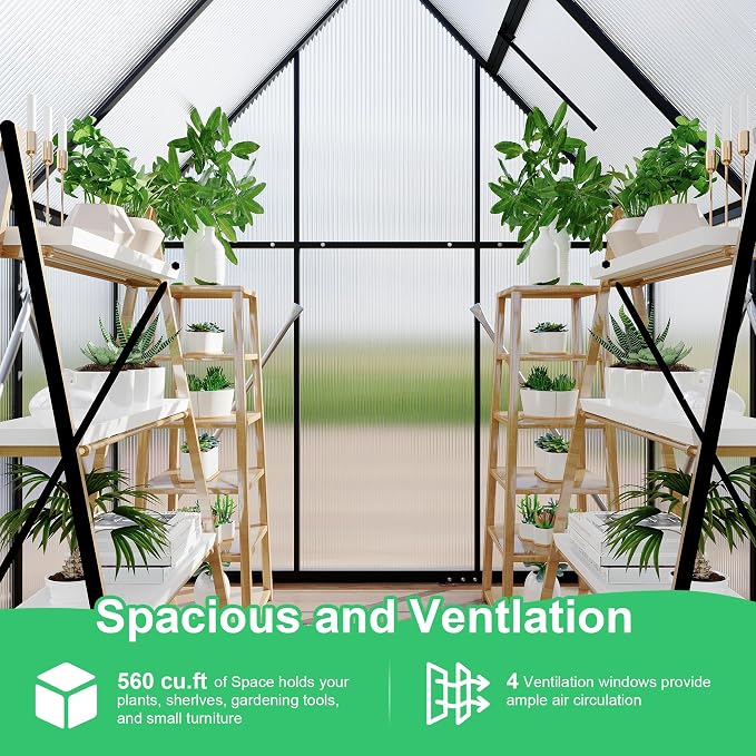 GarveeLife 6X4FT Polycarbonate Greenhouse with Aluminum Frame, Polycarbonate Greenhouse for Outdoors, Greenhouses with Ventilation and Rain Gutter, Aluminum Large Walk-in Greenhouses for Outside
