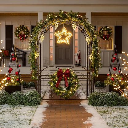 Plow & Hearth Arch Metal Outdoor Garden Arbor Double Gate | Montebello | 7 Feet Tall | Gunmetal Black | Steel Iron Trellis Lattice Climbing Plants & Heavy Vines