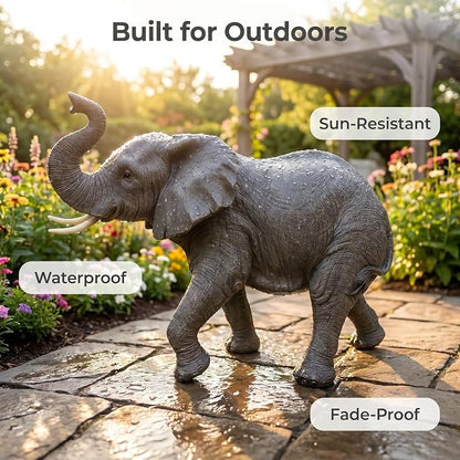 28" Large Elephant Garden Statue with Raised Trunk, Lifelike All-Weather Waterproof Resin Sculpture, Outdoor Yard Patio Lawn Decor, Lucky Feng Shui Ornament, Housewarming Gift