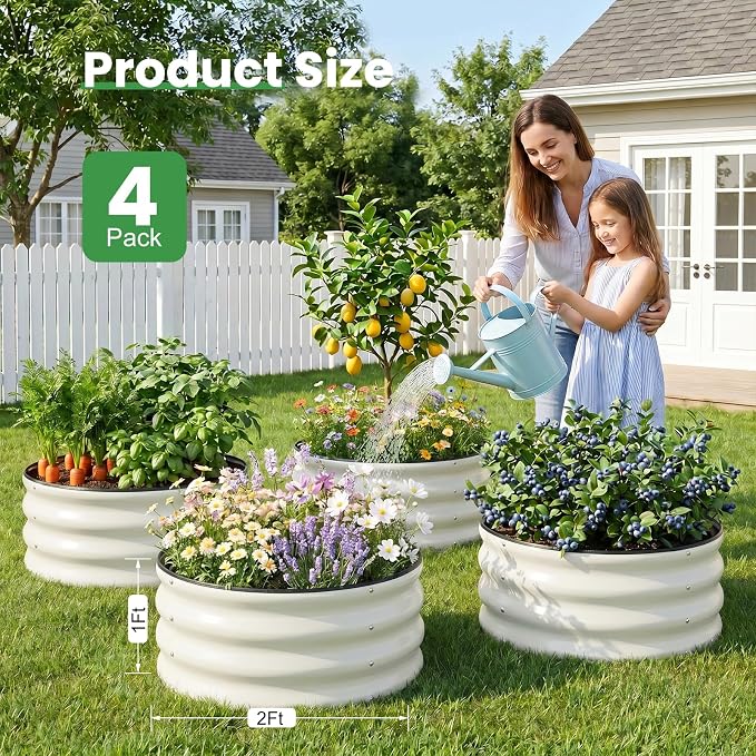 WILLOW WEAVE 4 Pcs Round Raised Garden Bed Outdoor, 2x2x1ft Circle Garden Bed, Galvanized Raised Planter Box for Gardening, Metal Raised Beds for Flower, Vegetable, Herb, White