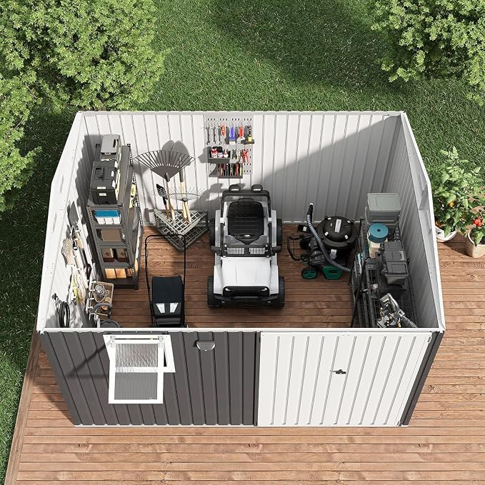 Garvee 10x8 FT Heavy-Duty Metal Outdoor Storage Shed with Solar Light | Motion Sensor Light, Window, Pegboard Tool Organizer, Lockable Doors, 4 Air Vents for Garden Patio Backyard Garage