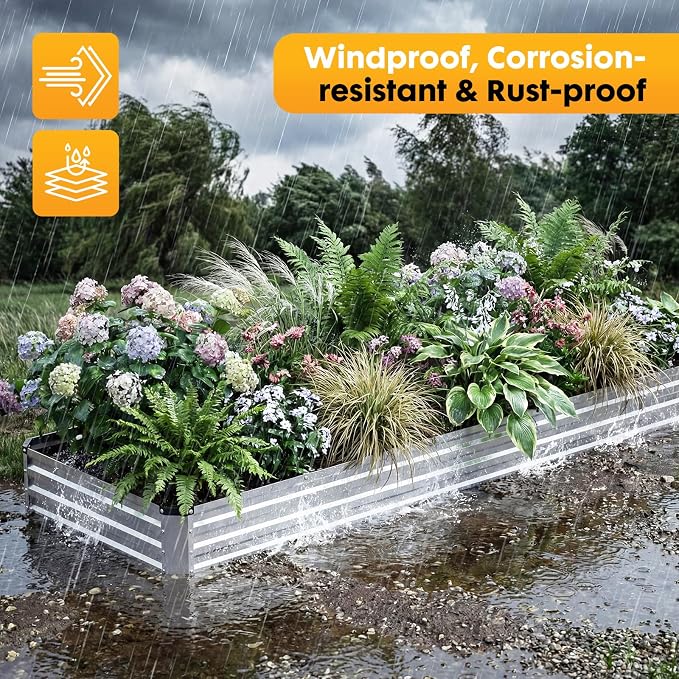 NEWBULIG Galvanized Raised Garden Bed Outdoor, 12x4x1ft Metal Planter Box for Gardening, Rust-Resistant Rectangular Raised Flower Bed for Vegetables Flowers Herbs, Open Bottom, Easy Assembly