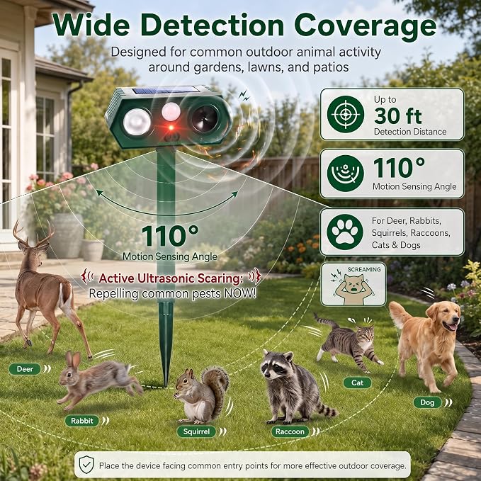 2026 Upgraded Solar Ultrasonic Animal Repeller Outdoor,Deer Repellent Devices with Motion Sensor & LED Flashing Light, Cat Deterrent for Yard,Garden,Rabbit, Squirrel, Raccoon, Dog,4 Pack Green