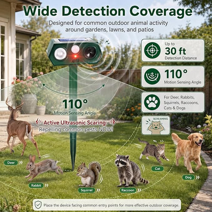 2026 Upgraded Solar Ultrasonic Animal Repeller Outdoor,Deer Repellent Devices with Motion Sensor & LED Flashing Light, Cat Deterrent for Yard,Garden,Rabbit, Squirrel, Raccoon, Dog,4 Pack Green