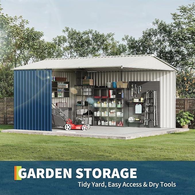 Garvee 10x12 FT Metal Storage Shed – Lockable Doors, Floor Frame, Blue | Spacious 10x12 interior – stores bikes, tools, and more.