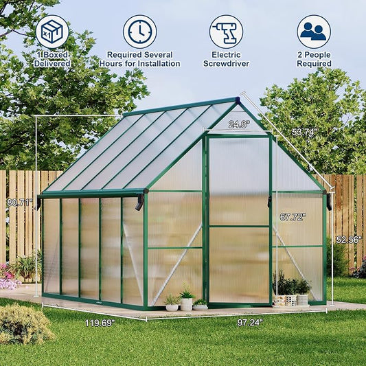 GarveeLife 8X10FT Polycarbonate Greenhouse with Aluminum Frame, Polycarbonate Greenhouse for Outdoors, Greenhouses with Ventilation and Rain Gutter, Aluminum Large Walk-in Greenhouses for Outside