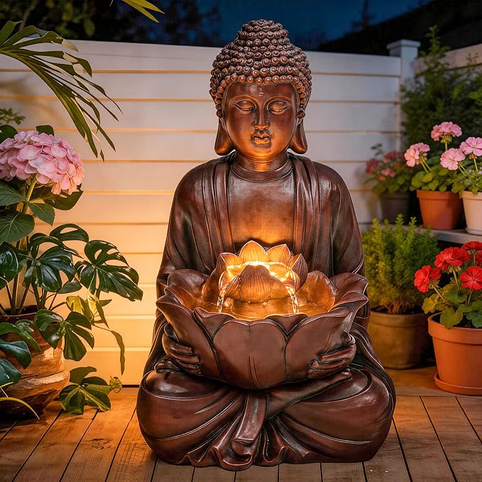 Zen Buddha Water Fountain Outdoor, 19" H Handcrafted Buddha Statue Water Feature with Soothing Waterfalls & Lights, Peaceful Oasis for Garden Patio Yard Deck Living Room Floor Tabletop Decor | Zen Lotus Water Feature with Soothing Cascading Waterfall f...