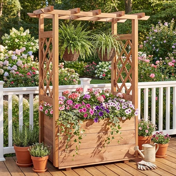 HAPPYGRILL Raised Garden Bed with Trellis, 31” x 16” x 41” Wood Elevated Planter Box with Roof, Freestanding Garden Planter for Climbing Plants Vines Flowers Herbs (1)