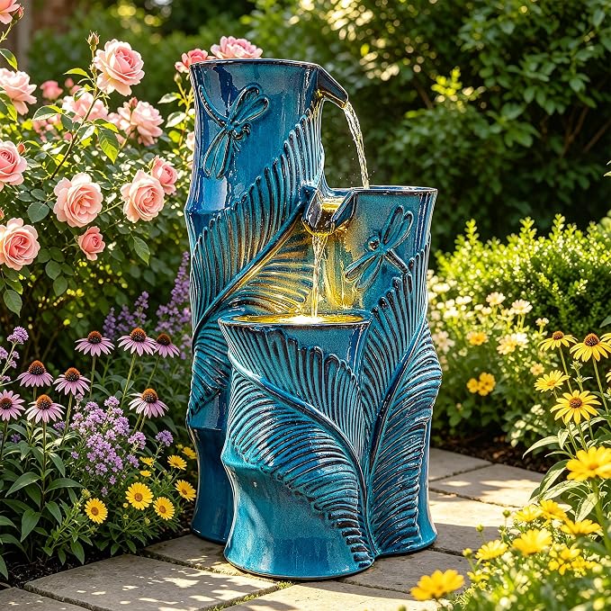 Autodaya Ceramic Outdoor Water Fountain with Lights, Turquoise Bamboo-Style | 3-Tier Cascading Waterfall, Natural Water Feature with Tropical Leaf, Dragonfly Texture, Soothing Oasis for Garden Patio Yard