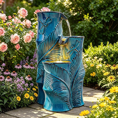 Autodaya Ceramic Outdoor Water Fountain with Lights, Turquoise Bamboo-Style | 3-Tier Cascading Waterfall, Natural Water Feature with Tropical Leaf, Dragonfly Texture, Soothing Oasis for Garden Patio Yard