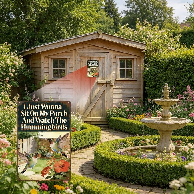 Funny Garden Metal Signs, Vintage Outdoor Wall Decor 8x12 Inch | I Just Wanna Sit On My Porch And Watch The Hummingbirds, Weatherproof Aluminum Sign for Patio Yard, Hummingbird Gift