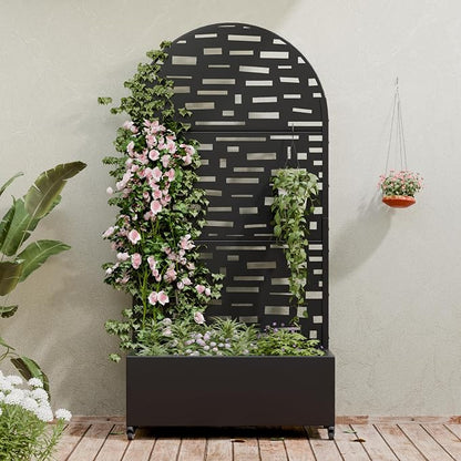 Casaphoria Metal Raised Garden Bed with Trellis and Wheels, 72"x35"x16" Arched Planter Box for Climbing Plants, Vegetables & Vines, Features Drainage Holes and Privacy Screen (Black-Gerald)