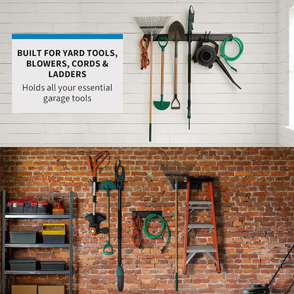 Precision Defined Garage Shovel And Rake Tool Organizer 48" 330lbs Capacity | Wall Mount Garden Tool Organizer, Garage Storage Rack, And Shed Organizer With Adjustable Hooks For Versatile Storage Options