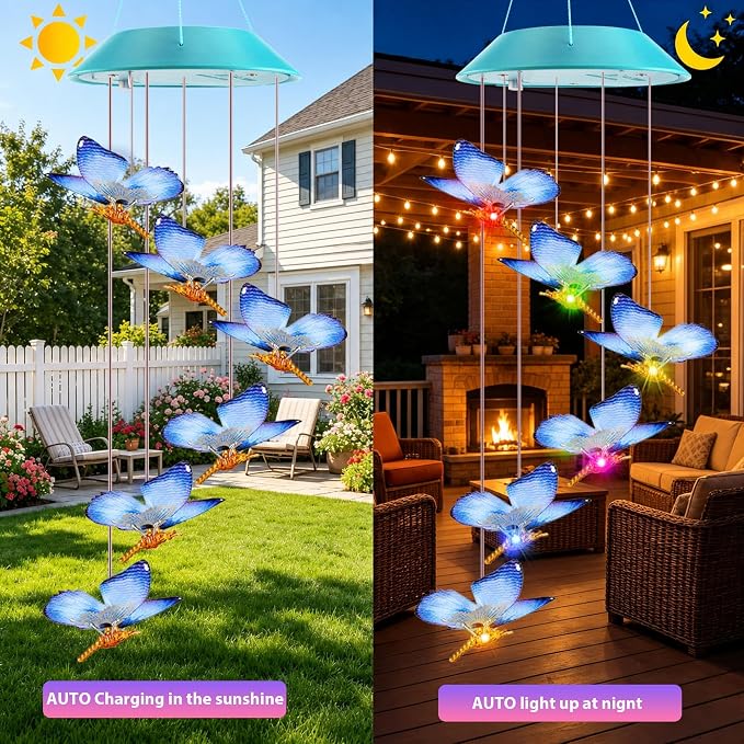 Toodour Solar Wind Chime, Color Changing LED Swaying Butterfly Wind Chimes, Upgrade Butterfly with Fluttering Wings, Waterproof Solar Outdoor Light Decor for Garden Window Patio, Gift for Mom Grandma