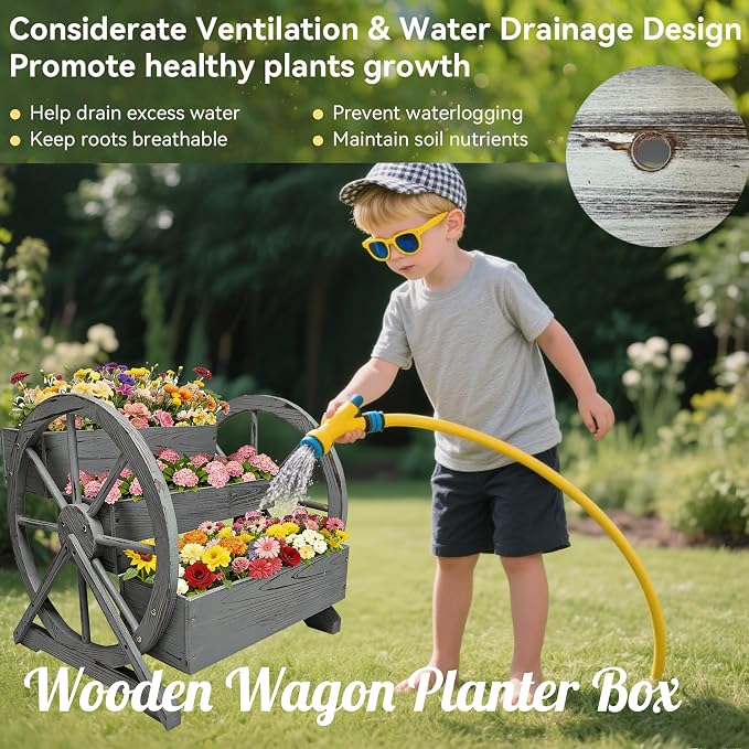 3 Tier Large Wooden Wagon Planter Box|Outdoor Planter/Flower Pot for Indoor&Outdoor Plants-Rustic Garden Planter for Patio,Porch&Garden Decor-Raised Garden Bed for Succulents,Herbs,Vegetables