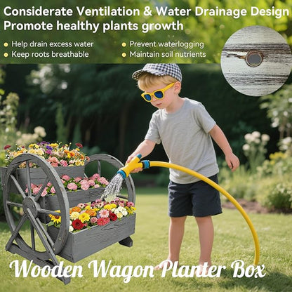3 Tier Large Wooden Wagon Planter Box|Outdoor Planter/Flower Pot for Indoor&Outdoor Plants-Rustic Garden Planter for Patio,Porch&Garden Decor-Raised Garden Bed for Succulents,Herbs,Vegetables