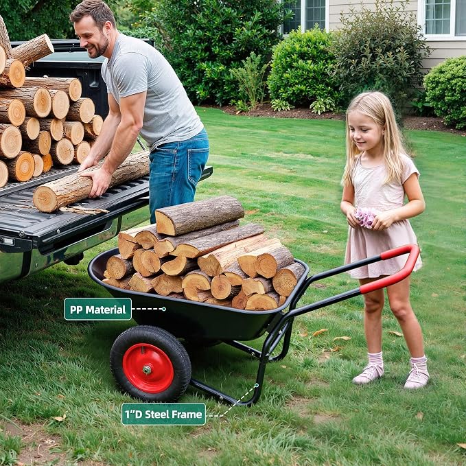 Autodaya Dual-Wheel Garden Cart, 14" Pneumatic Tires & Built-in Stand, 4.5 Cu Ft Utility Yard Wheelbarrow for Gardening, Soil, Construction, Easy Assembly,Red