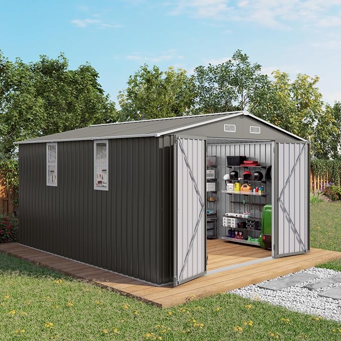 10x12FT Outdoor Storage Shed,Waterproof Large Metal Garden Shed with Double Door and Two Translucent Windows,Vents,Tool Shed for Backyard Patio Lawn Poolside,Gray