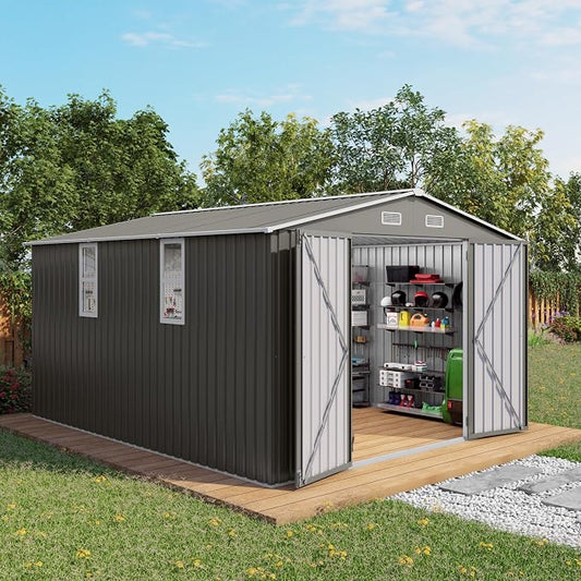 10x12FT Outdoor Storage Shed,Waterproof Large Metal Garden Shed with Double Door and Two Translucent Windows,Vents,Tool Shed for Backyard Patio Lawn Poolside,Gray