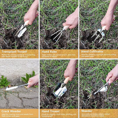 Weed Puller Tool, 6 Piece Stainless Steel Heavy Duty Weeding Tool, Weed Puller, Crack Weeder Tool, Weed Remover Tool with Ergonomic Wooden Handle, Gardening Gifts for Women