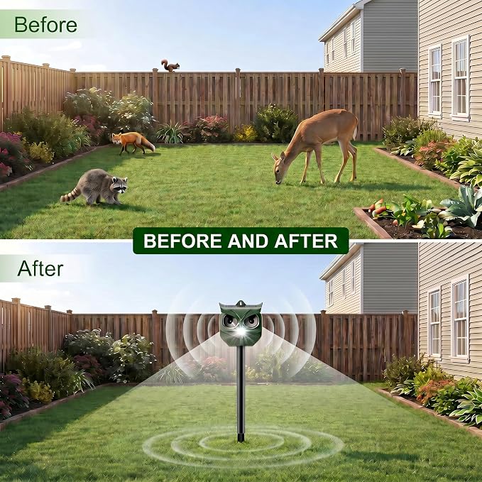 4 Pack Solar Ultrasonic Animal Repeller with Flashing LED Lights – Cat Deterrent Outdoor for Squirrels, Deer, Raccoons, Rabbits, Skunks, Dogs – Protects Garden, Yard, Lawn, Farm & Crops