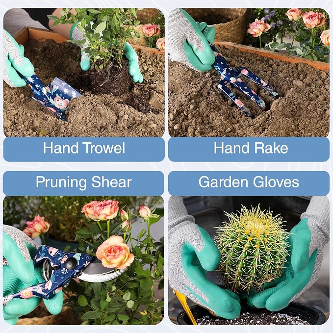 WORKPRO 5PCS Garden Tool Set, Aluminum Heavy Duty Gardening Tool Set with Garden Tool Bag, Outdoor Garden Hand Tools, Blue Insect and Flower