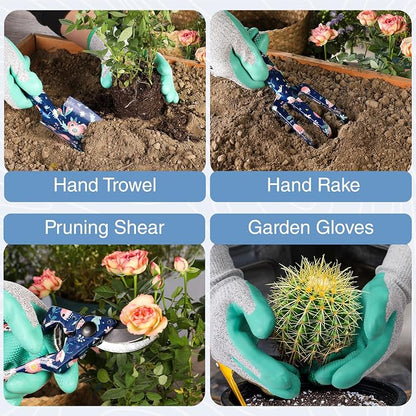 WORKPRO 5PCS Garden Tool Set, Aluminum Heavy Duty Gardening Tool Set with Garden Tool Bag, Outdoor Garden Hand Tools, Blue Insect and Flower