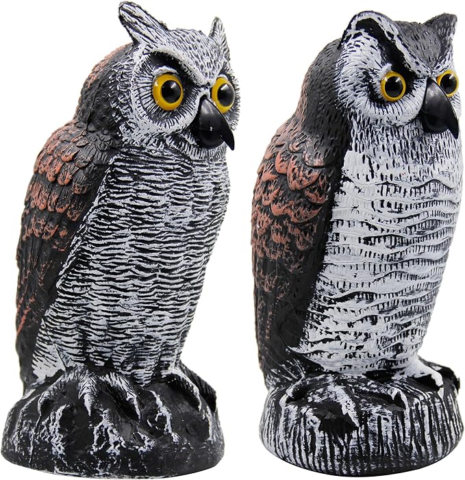 Hausse 2 Pack Fake Horned Owl Bird Scarecrow Decoy 10.5 Inch Height, Plastic Deterrents, Halloween Decoration, Nature Enemy Pest Repellent for Outdoor Garden Yard