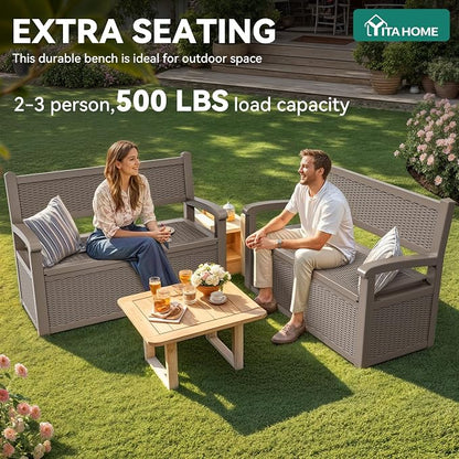 YITAHOME 70 Gallon Deck Bench with Storage | Outdoor Storage Box Bench with Armrests for Patio Garden Pool Porch , Waterproof&Lockable, Light Brown