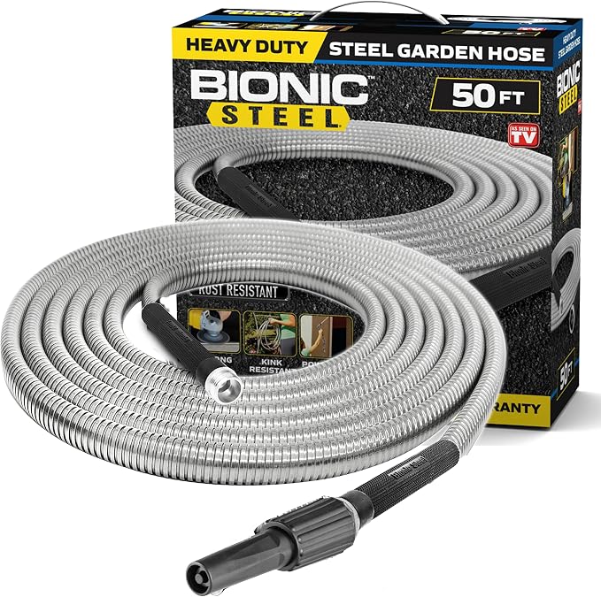 BIONIC STEEL 50 Foot 304 Stainless Steel Garden Hose Bundle with 25 Foot Rust-Proof Metal Home Garden Hose