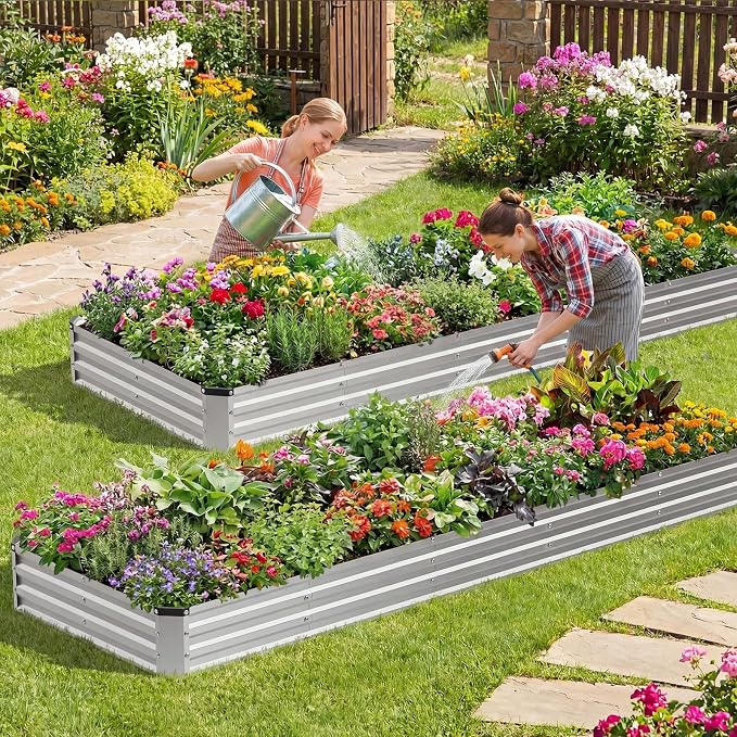 NEWBULIG Galvanized Raised Garden Bed Outdoor, 12x4x1ft 2 Pack Metal Planter Box for Gardening, Rust-Resistant Rectangular Raised Flower Bed for Vegetables Flowers Herbs, Open Bottom, Easy Assembly