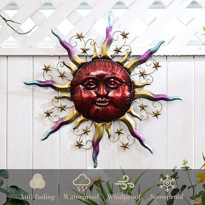 TERESA'S COLLECTIONS Outdoor Sun Metal Wall Art for Outdoor Decor,32" Red Sun Face 3D Wall Decor for Garden Decor,Rustic Retro Hanging Sculpture for Outside indoor Home Patio Farmhouse Gifts for Mom