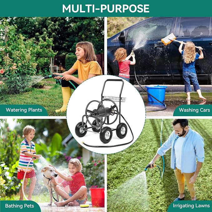 Hose Reel Cart, Holds 250 ft of 5/8" Hose, Heavy Duty Industrial Garden Water Hose Reel with 4 Wheels, Storage Basket, Powder-Coated Steel Frame for Lawn, Yard, Garden, Outdoor