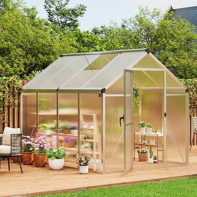 6x8 FT Greenhouse, Greenhouses for Outside, Polycarbonate Greenhouse with Aluminum Frame, Lockable Door and Ajustable Roof Vent for Backyard, Green Houses for Outside Garden Backyard, Patio