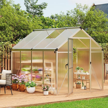 Garvee 6 x 8 FT Greenhouse, Greenhouses for Outside, Polycarbonate Greenhouse with Aluminum Frame, Lockable Door and Ajustable Roof Vent for Backyard, Green Houses for Outside Garden Backyard, Patio