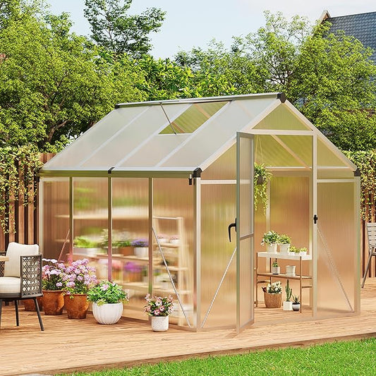 Garvee 6 x 8 FT Greenhouse, Greenhouses for Outside, Polycarbonate Greenhouse with Aluminum Frame, Lockable Door and Ajustable Roof Vent for Backyard, Green Houses for Outside Garden Backyard, Patio