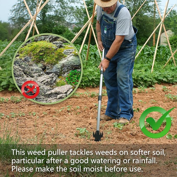 Mitclear Weed Remover Tool with Long Handle(58IN), 2-in-1 Hand Weed Puller with Rake & Garden Hoe Combo for Gardening, Manual Weeding Tools for Gardens, Yards, Patios, Lawns, and Paved Areas