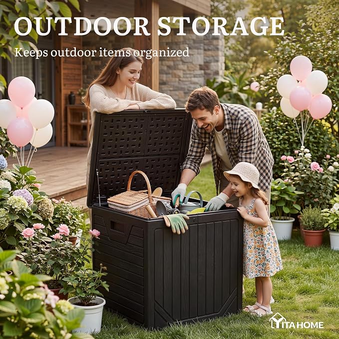 YITAHOME 150 Gallon Large Outdoor Storage Box w/Double Wall | Waterproof Deck Box with Hydraulic Piston for Garden Tools, Pool Accessories & Cushions, Resin Deck Organizer with Bench