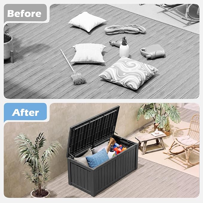 Outdoor Storage Box, 155 Gallon Resin Deck Boxes Outdoor Waterproof For Patio Furniture, Garden Tools, Pool Supplies, Lockable And UV Resistant (Striped Black)