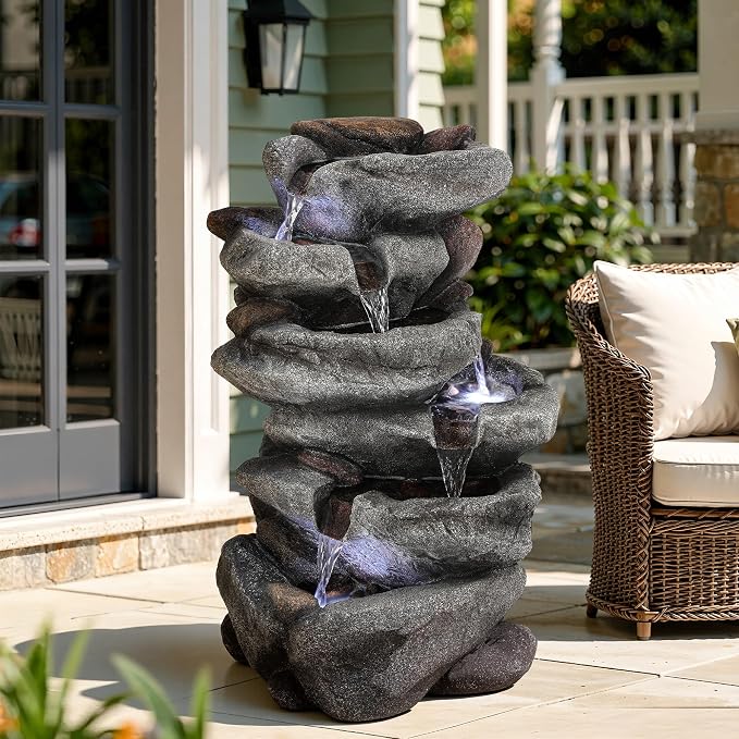 20" H Outdoor Water Fountain with LED Lights, 5-Tier Rock Outdoor Fountain with Pump,Polyresin Cascading Freestanding Waterfall Feature for Tranquil Garden, Patio or Porch